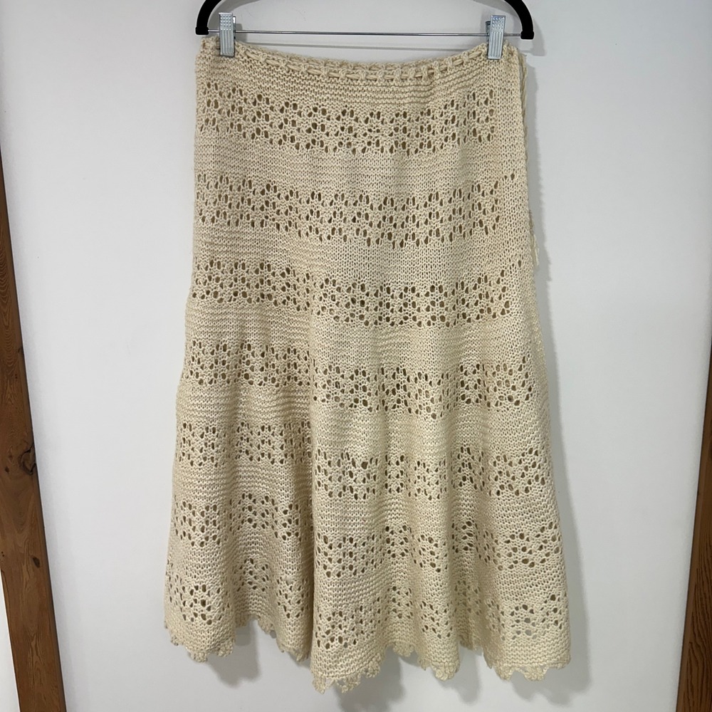 Handmade Women Crochet Knit Wrap Skirt Pointelle Boho Midi Cream